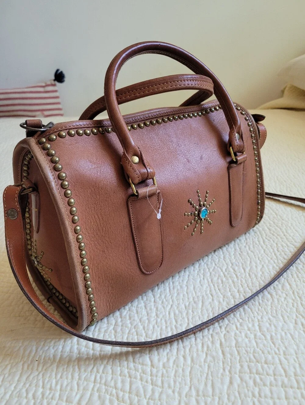 Coach Tan Leather Satchel with Turquoise Sunburst Accent - Picture 12 of 16